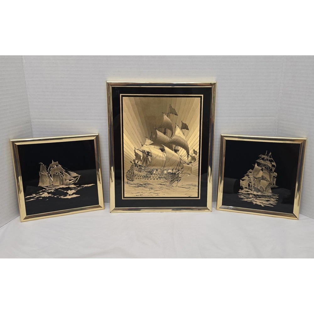3 Vintage Kafka Industries Gold Foil Art Etching Sailboat Ship Framed Pictures